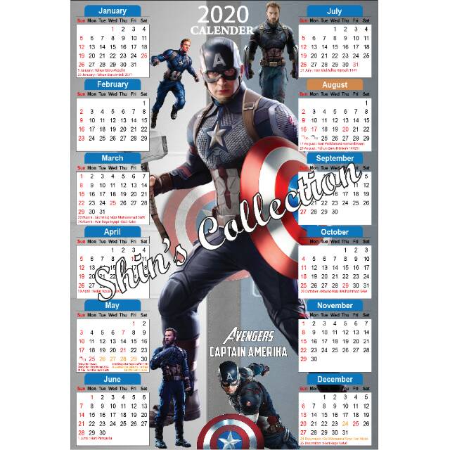 

Kalender Superhero Pria Marvel Captain America, Spiderman, Ironman, Deadpool, Hulk, Thor, Star4 Lord