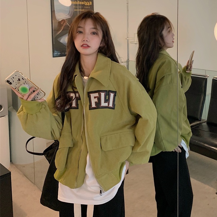 jaket korduroi pendek retro wanita loose casual import korean style jaket hitam baseball wanita