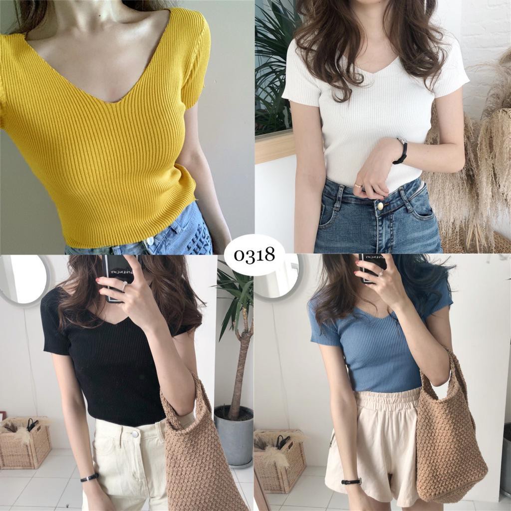 Korean V-Neck T-Shirt Wanita Rajut Lengan Pendek//atasan rajut wanita murah