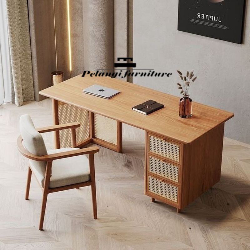 meja kerja jati minimalis combinasi rotan