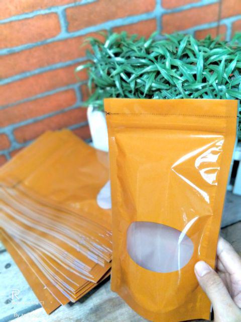 [50 Pcs] Kemasan Standing Pouch Berdiri Window Oval Orange 14 X 23 / 14x23 / 500 Gr Klip