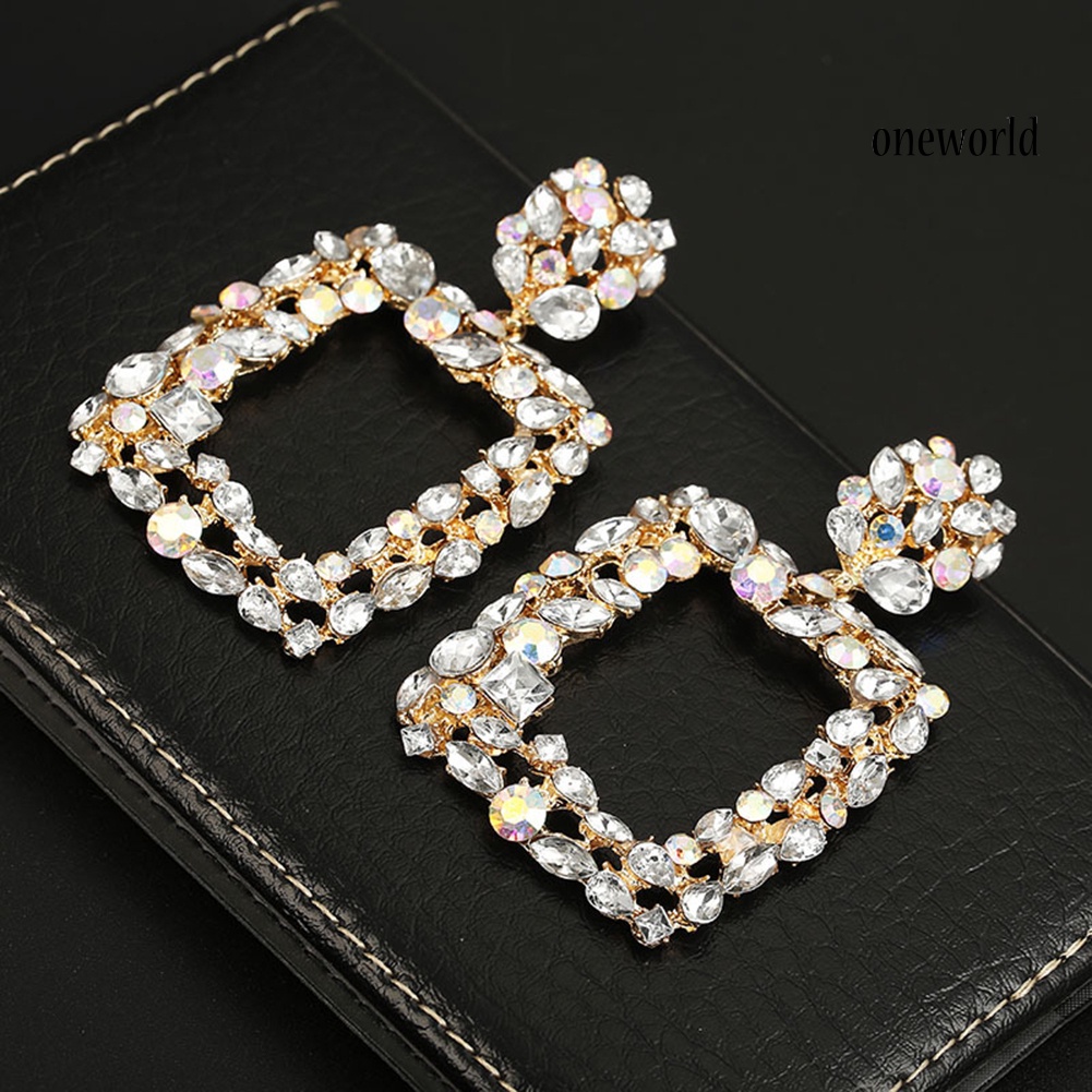 OW@ Bohemia Women Colorful Rhinestone Hollow Square Charm Statement Stud Earrings