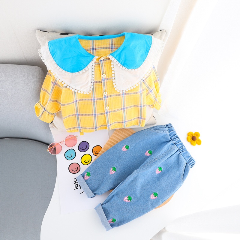 Baju Anak Perempuan EMA Set Kemeja dan Celana Jeans Fashion Anak Korean Style Import 2in1