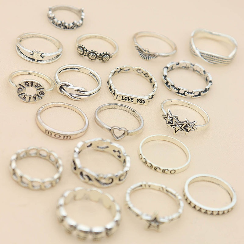 18pcs / set Cincin Sendi Jari Aneka Bentuk Warna Silver