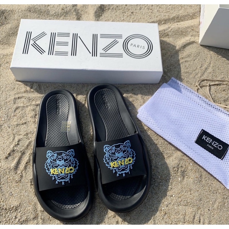 KENZ0 SLIDES SLIPPERS BLACK FONT WHITE