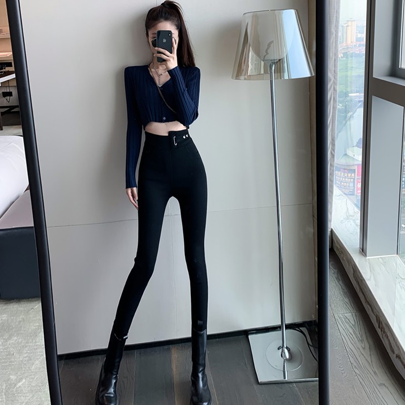 Baru Pinggang Tinggi Pelangsing Kurus Celana Slim Fit Hitam Di Atas Lutut Tappered Pensil Celana Kas