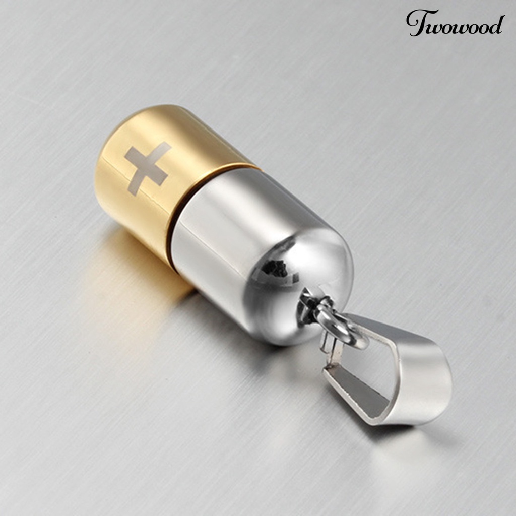 Twowood Cross Engraved Hole Pill Pendant Titanium Steel Waterproof Pill Case Pendant Charm Gift