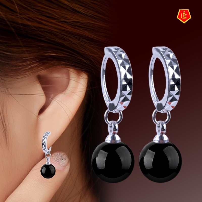 [Ready Stock]Women's Silver Earrings Black and Red Agate Fashion Korean Style