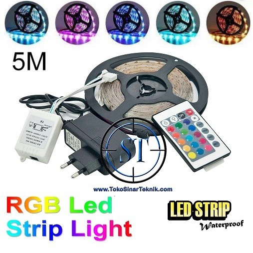 Lampu Led Strip Tempel RGB IP 44 3528 Multi Color Warna Warni Komplit Set Adaptor Remote 5 Meter Siap Pakai