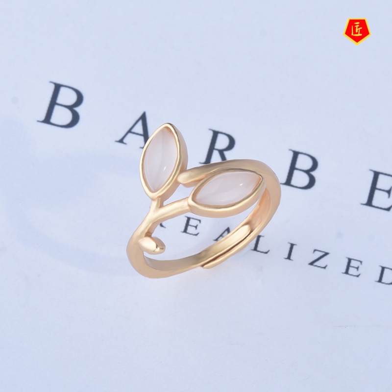 [Ready Stock]Elegant Inlaid White Jade Gold Ring Simple Personality