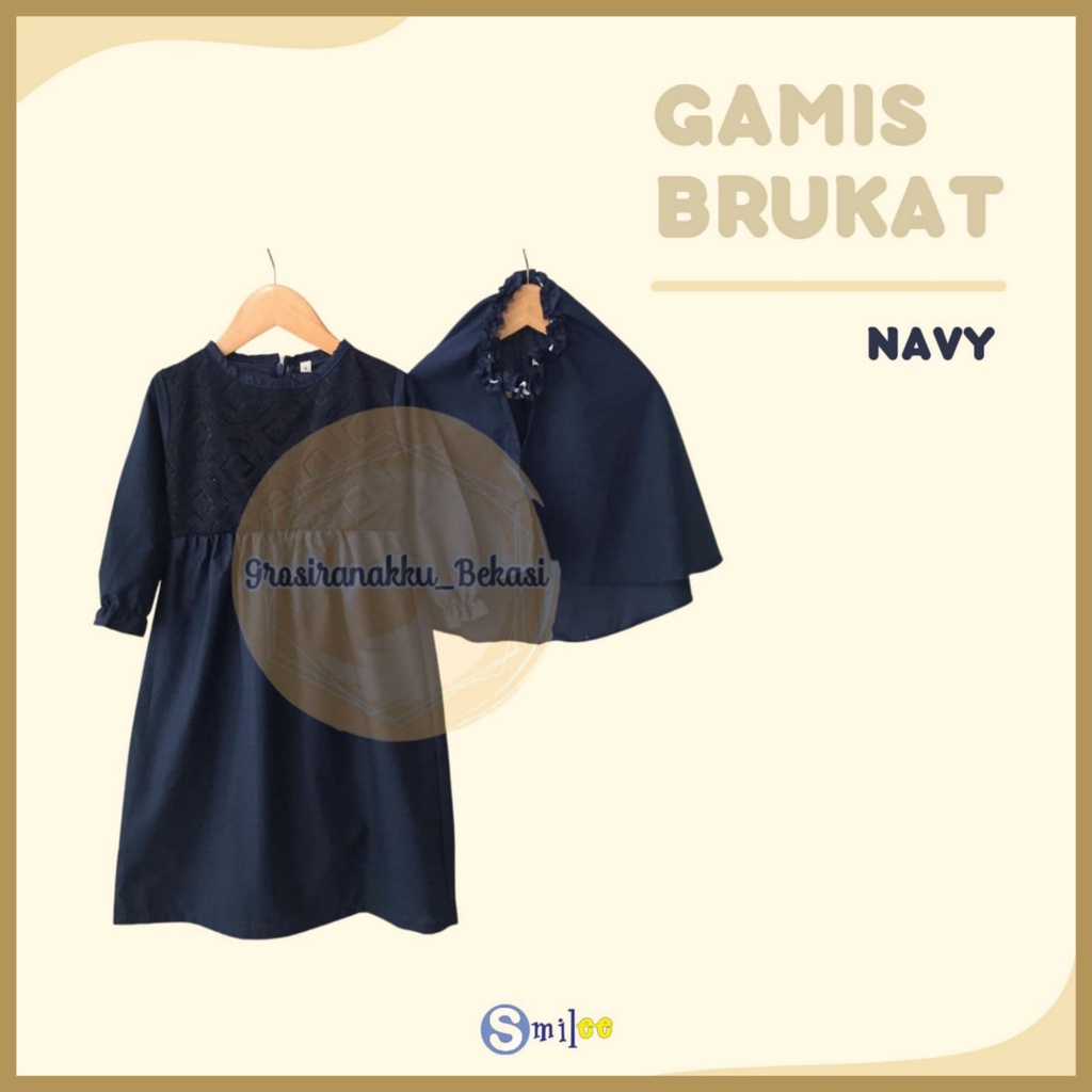 Gamis Kerudung Anak Aplikasi Brukat Navy Size 1-6Tahun