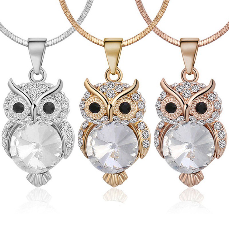 Rose Gold Color Fashion Snake Chain Crystal Gemstone Necklace Sweater Jewelry Fashion Small Cute Owl Bird Pendant