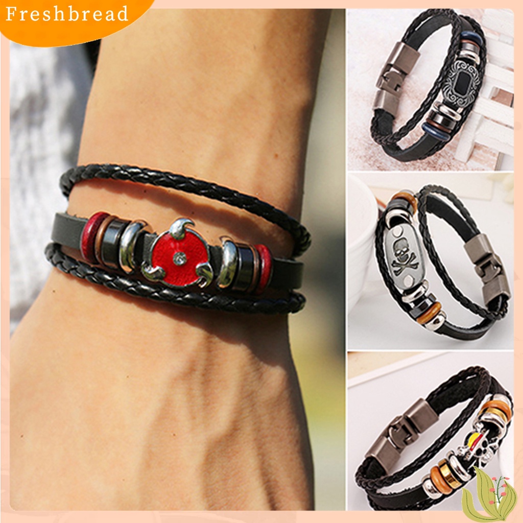 [TERLARIS]Unisex Retro Punk Flower Beads Faux Leather Braided Multilayer Bracelet Bangle for Daily Wear