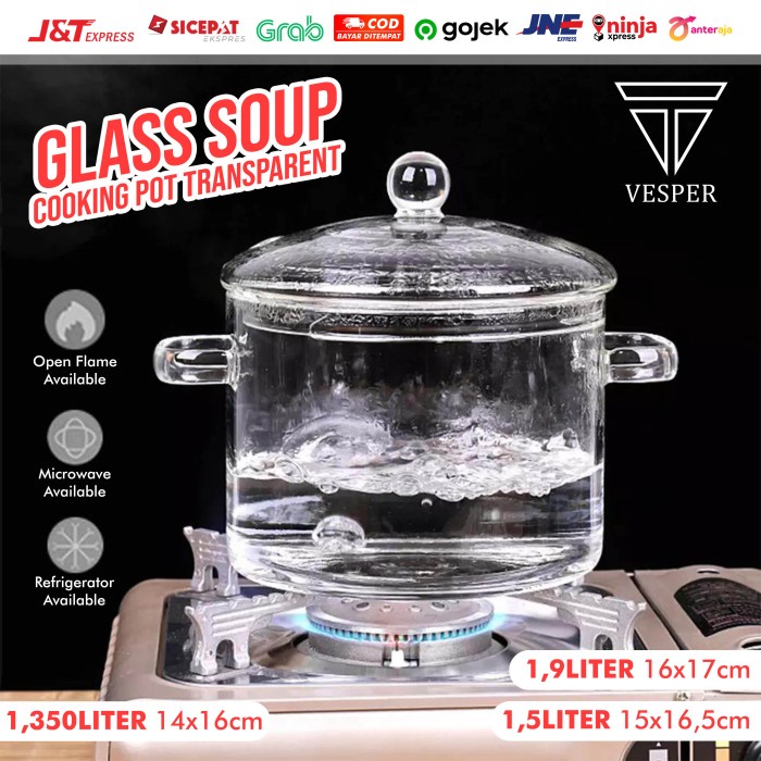 panci kaca transparan borosilicate glass soup cooking pot - soup pot 1,5L