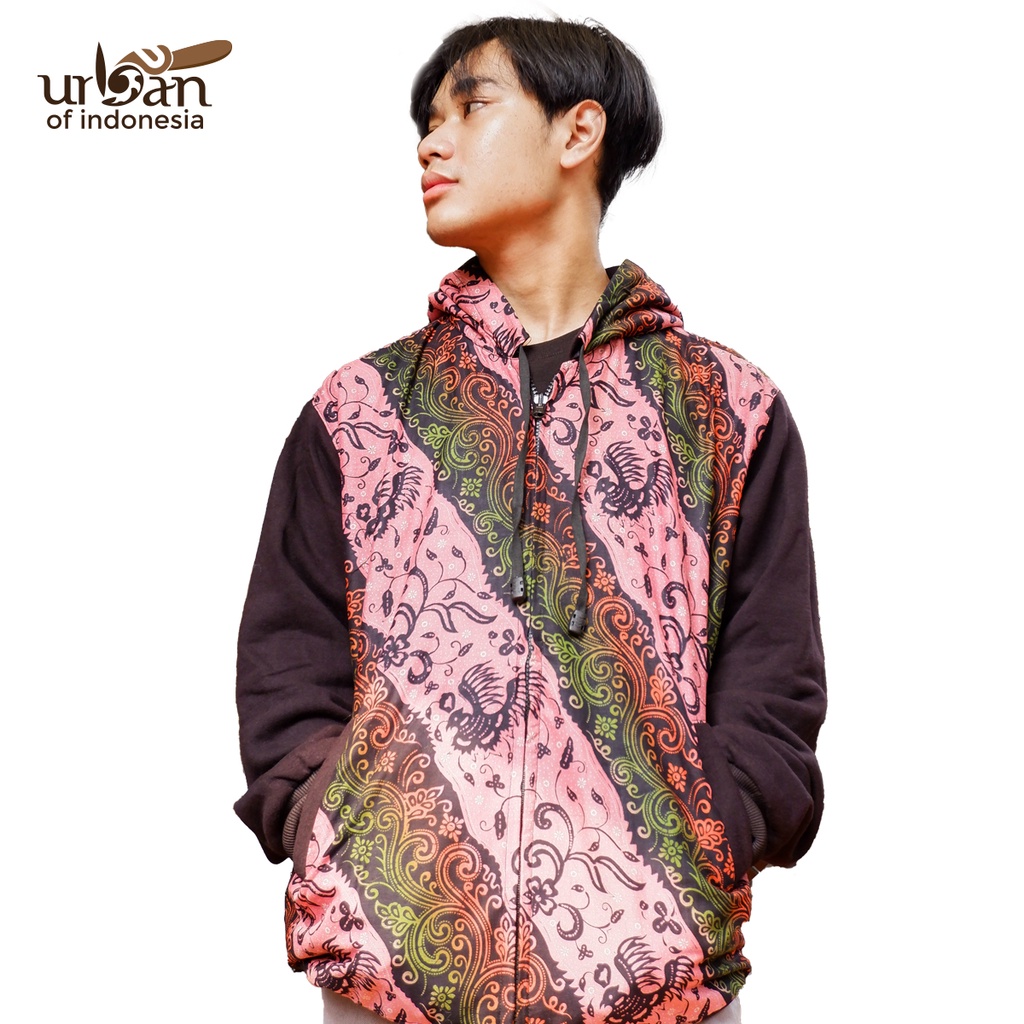 Jaket Batik Hoodie Jacket Urban of Indonesia Maroon Motif Sulur Bahan Fleece Cotton