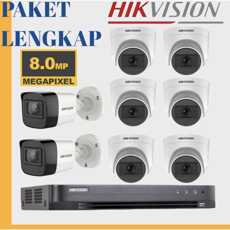 PAKET KAMERA CCTV HIKVISION 8 CAMERA 8mp 8 CH CHANNEL FULL HD KOMPLIT TINGGAL PASANG BISA