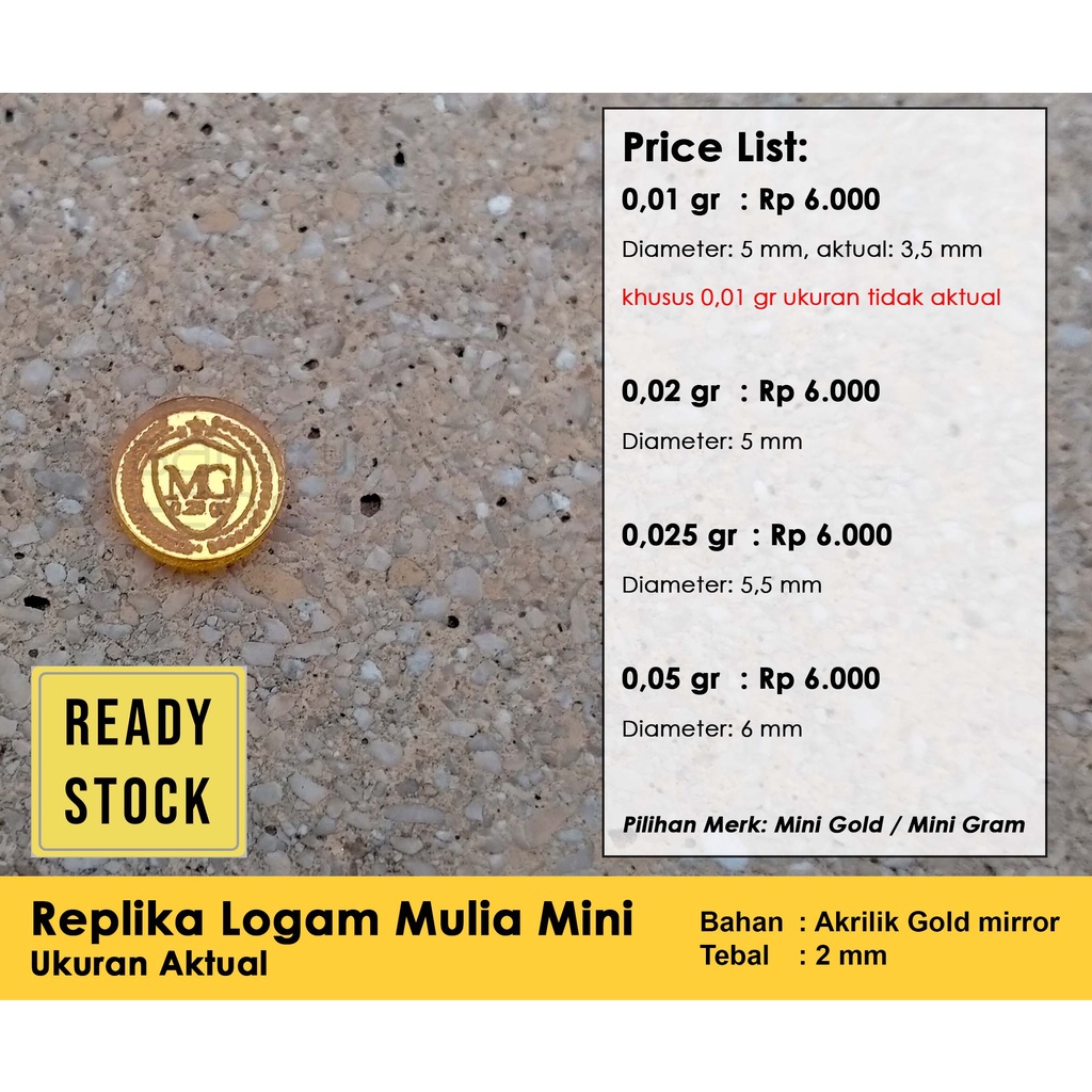 Replika Logam Mulia Mini 0,01 gr / 0,02 gr / 0,025 gr / 0,05 gr - Ukuran aktual