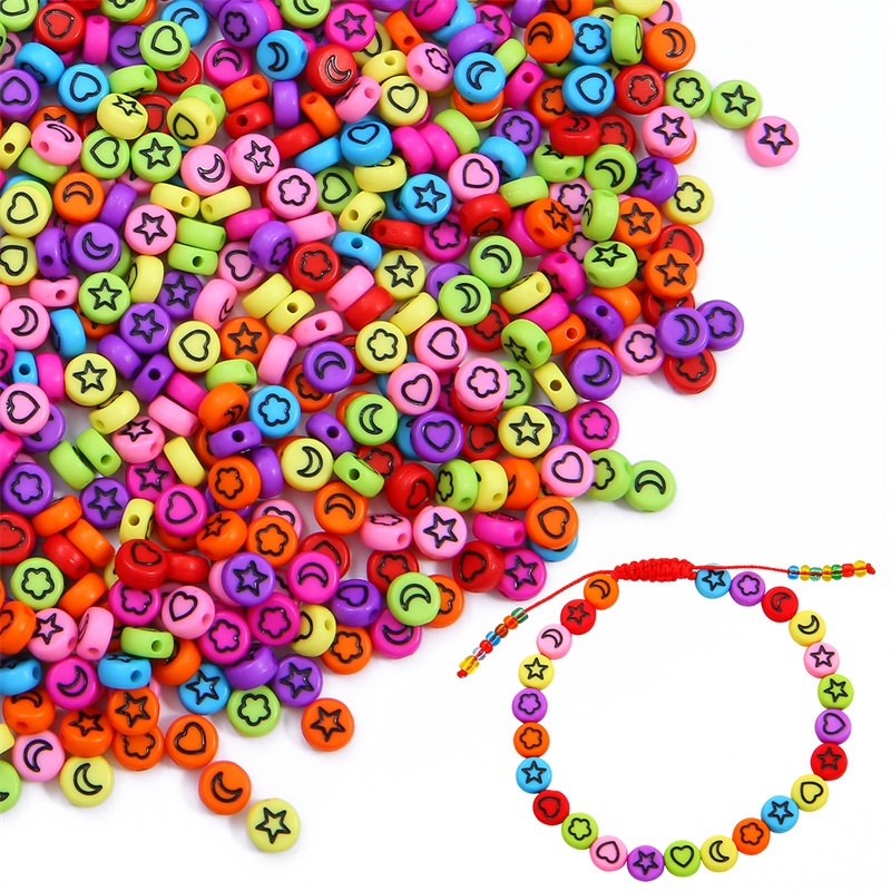 100pcs 7mm Colorful Mixed Flower Star Moon Heart Acrylic Beads Round Flat Loose Spacer Beads For Diy Jewelry Making Bracelet