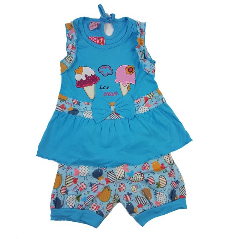 Setelan fashion baju anak perempuan 1-2 tahun motif ice cream warna  pink biru fanta