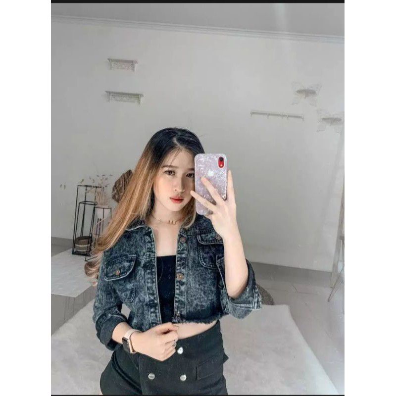 JACKET CROP JEANS WANITA/JACKET JEANS RAWIS WANITA