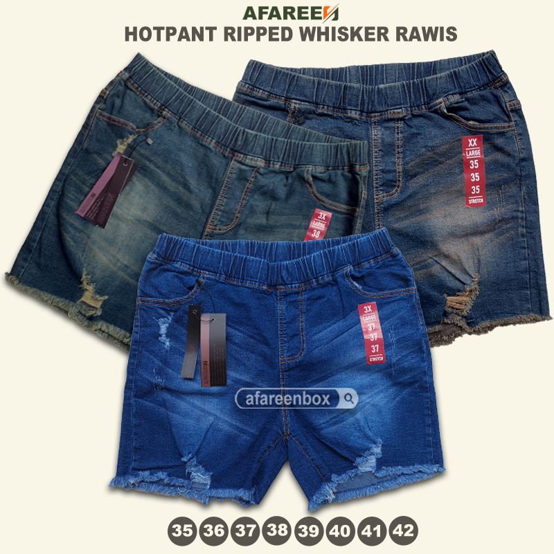 AFAREEN - Celana pendek jeans wanita jumbo hotpants jeans ripped sobek rawis rumbai 2/3 melar Celana Korea pinggang karet stretch Big size 35-42