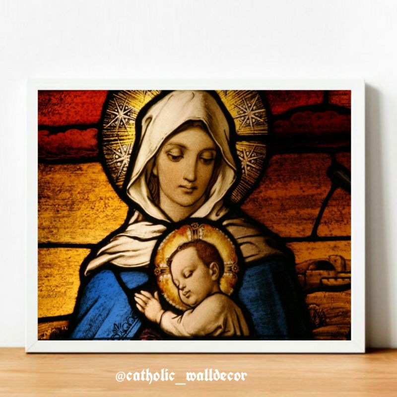 Hiasan dinding Katolik gambar Bunda Maria dan Tuhan Yesus bayi poster kayu landscape 40x30cm