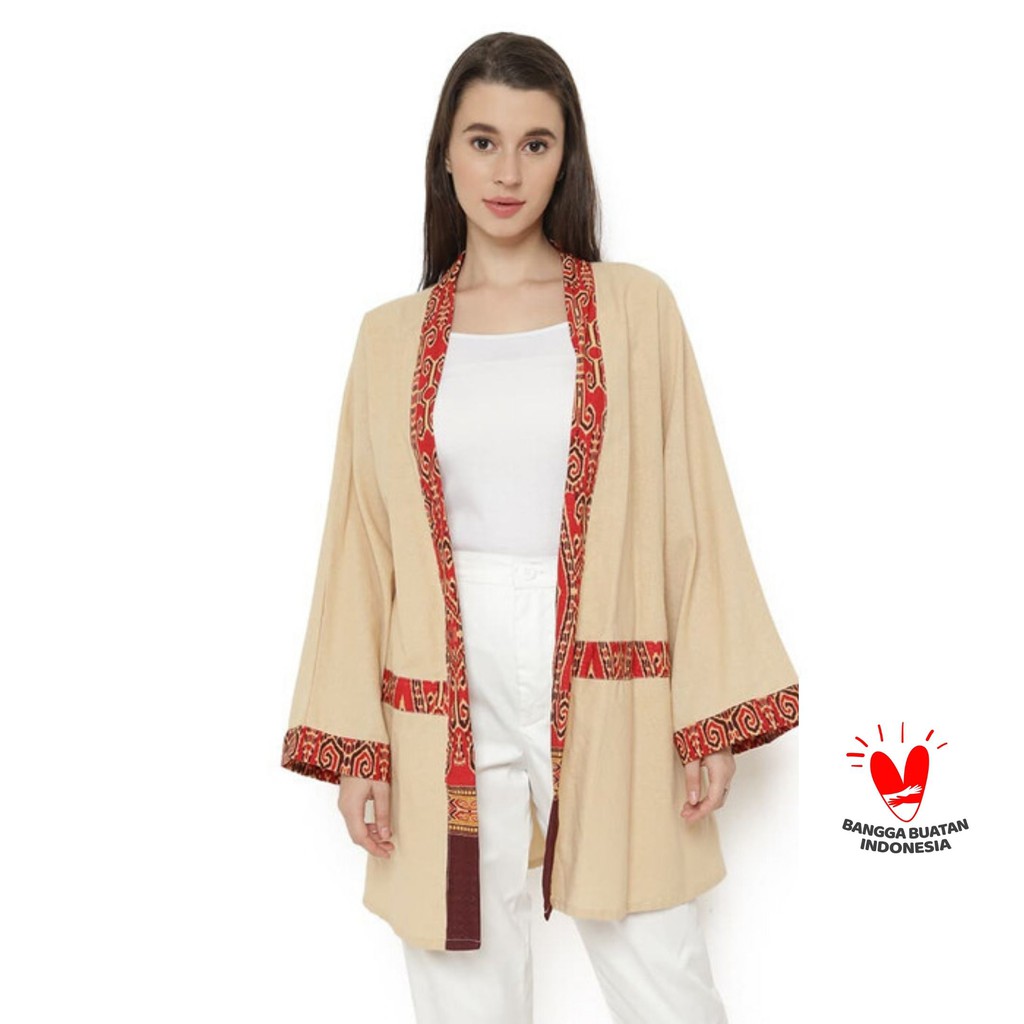 Blazer Tunik List Tenun Etnik Wanita Linen Krem GESYAL Big Size Lengan Panjang