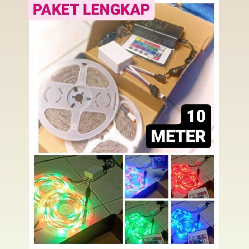 Paket Lampu Led Strip Selang 10 Meter Lengkap Remot dan Adapter Ada Double Tip Tinggal Tempel di Dinding Banyak Warna RGB Bisa Warna Warni Juga Satu Warna Kelap Kelip Nyala Terus