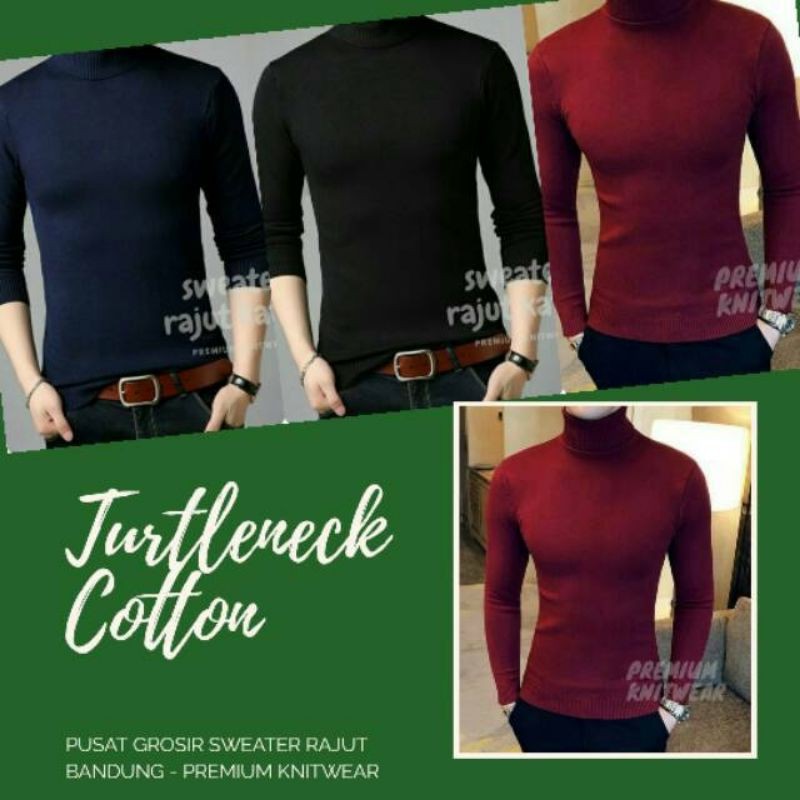 Rajut Turtleneck Sweater Cowok - Sweater Rajut Kerah Tinggi Pria Katun Premium