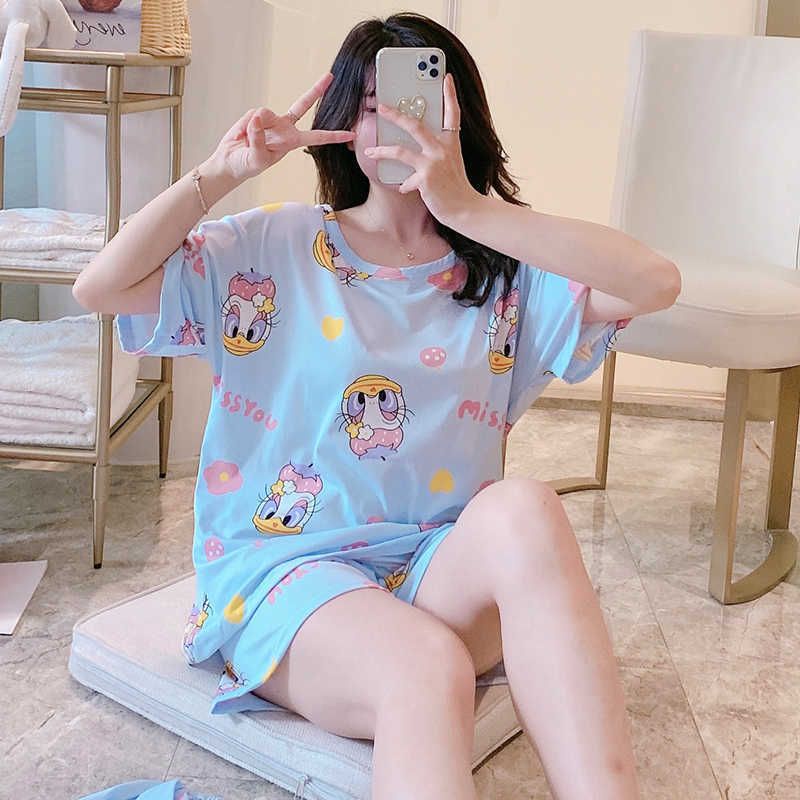 Baju Tidur Wanita Style Korea Import / Setelan Piyama Lengan Pendek, Celana Pendek Motif Kartun Adem Dan Lembut