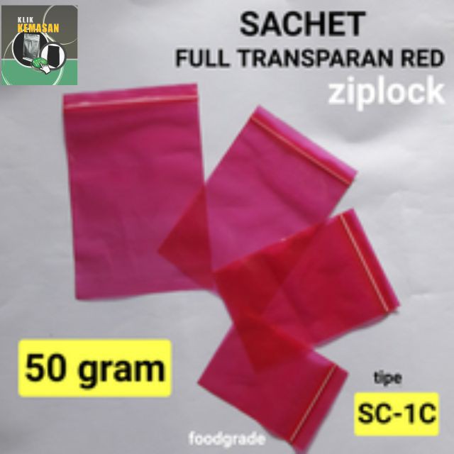 PLASTIK KLIP MERAH TRANSPARAN 50GR/KEMASAN SACHET BUBUK AKSESORIS