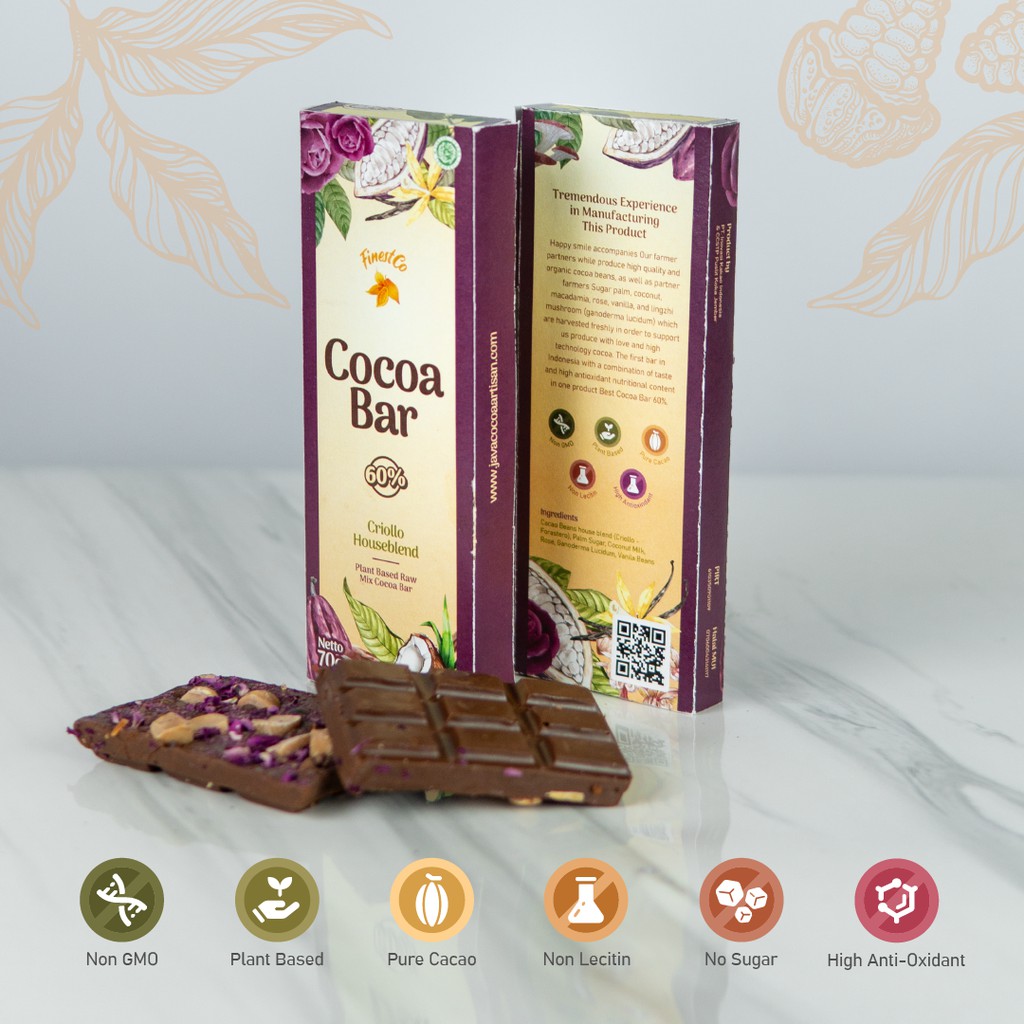 

Cocoa Bar Rose Petal 70gram / Finestco Cacao Bar Rose Macadamia Nuts and Vanilla Beans