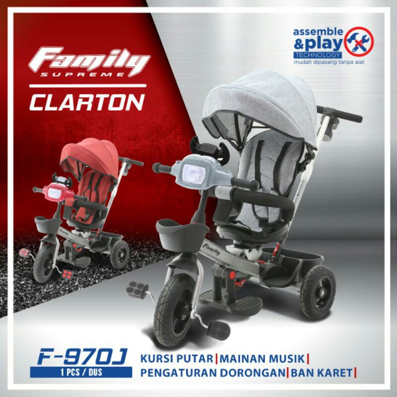 KHUSUS LUAR KOTA - BARU dengan MUSIK + LED Sepeda roda tiga Family supreme clarton F-970 J