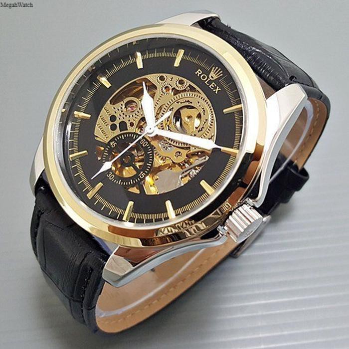 Jual Jam Tangan Pria Rolex Automatic Skeleton Big Size J7 Leather Dijamin