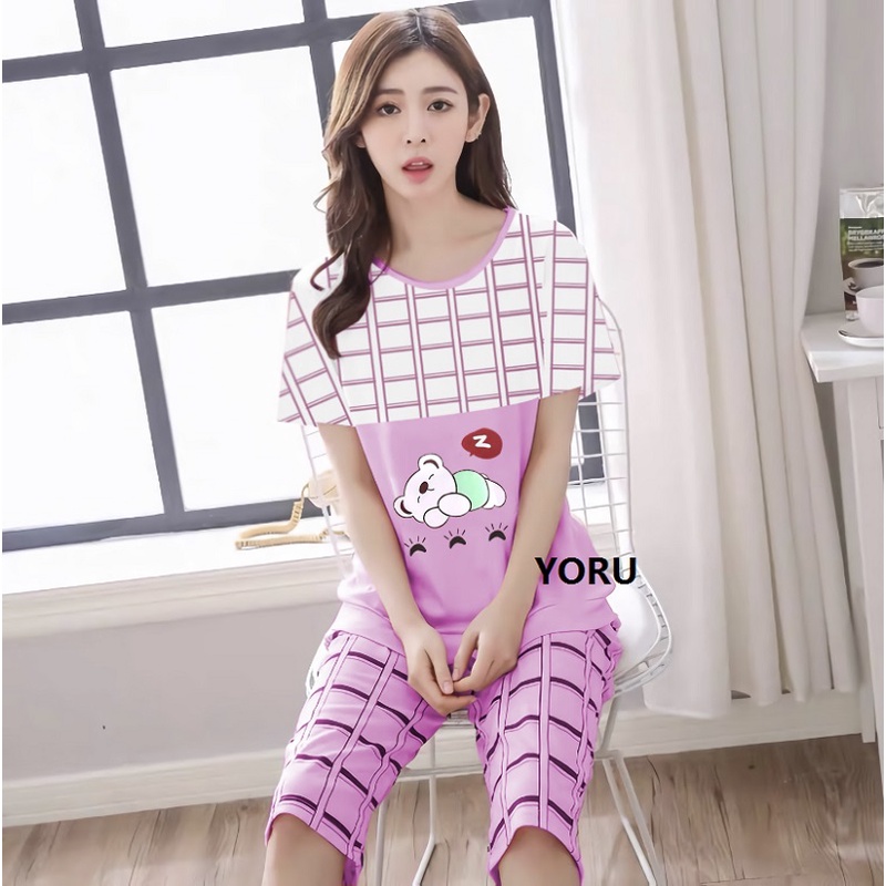 Pamelo.id Stelan C3/4 Baby Doll / Suplier Sleep Wear / Baju Tidur Wanita kaos Katun / Stelan Baju Tidur Murah Produk Terlaris Set HP-Bear zzZ Pink