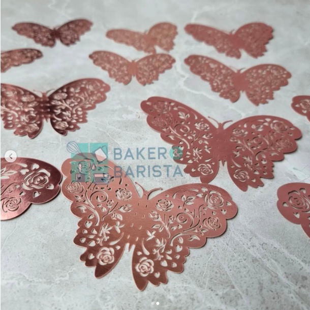 hiasan kue topper butterfly rose gold 12pcs /set cake decoration tusukan kue