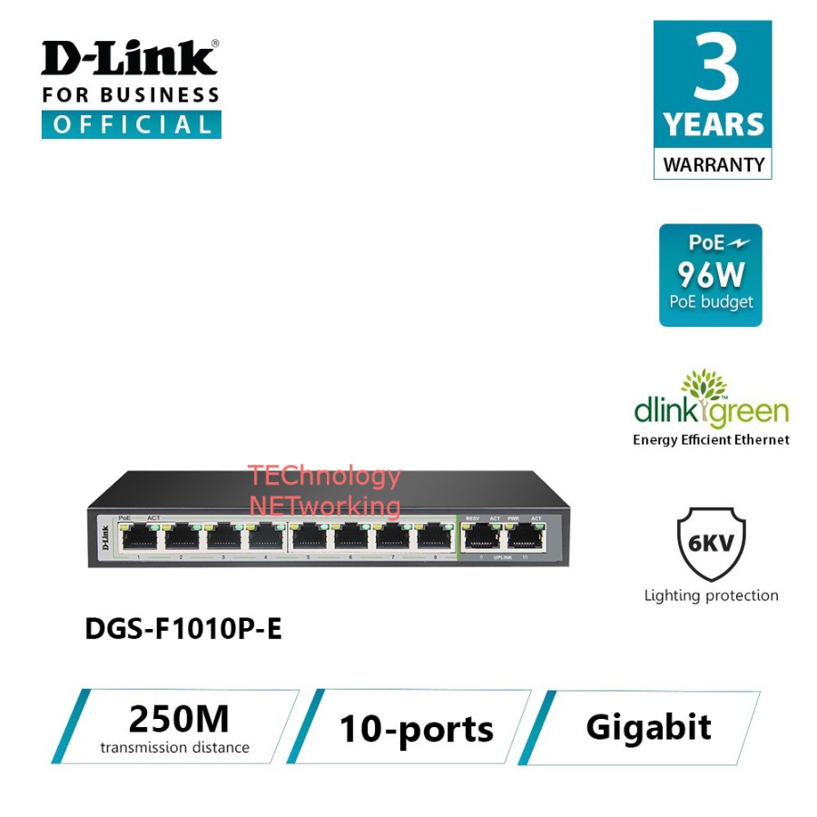 D-LINK DGS-F1010P-E : D-Link 8 Port Gigabit PoE &amp; 2 Up Link Switch