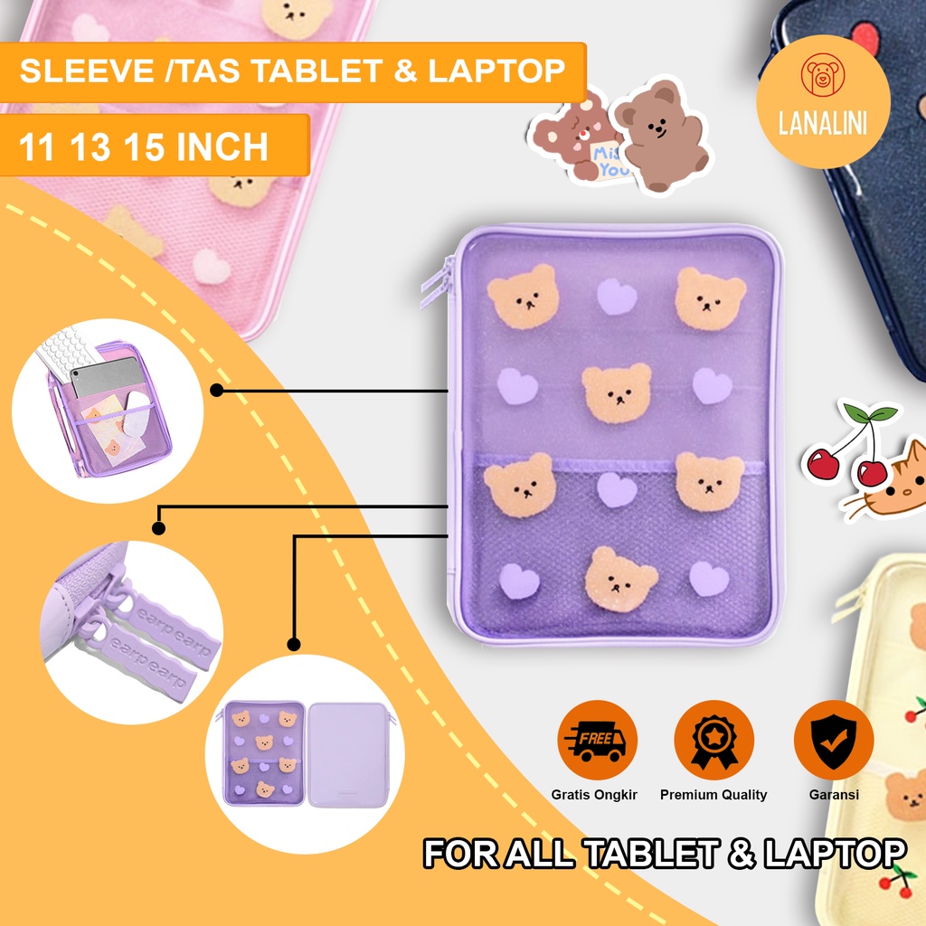 Sleeve Pouch Sarung Tas Bag Case Ipad Tab Tablet Macbook Air Pro Laptop Asus Acer Lenovo HP Huawei 11 12 13 14 15 inch Motif Gambar Beruang Bear Warna Pink Ungu Lilac Lucu Cute Murah Korean Model Banyak Slot Ruang Stationary