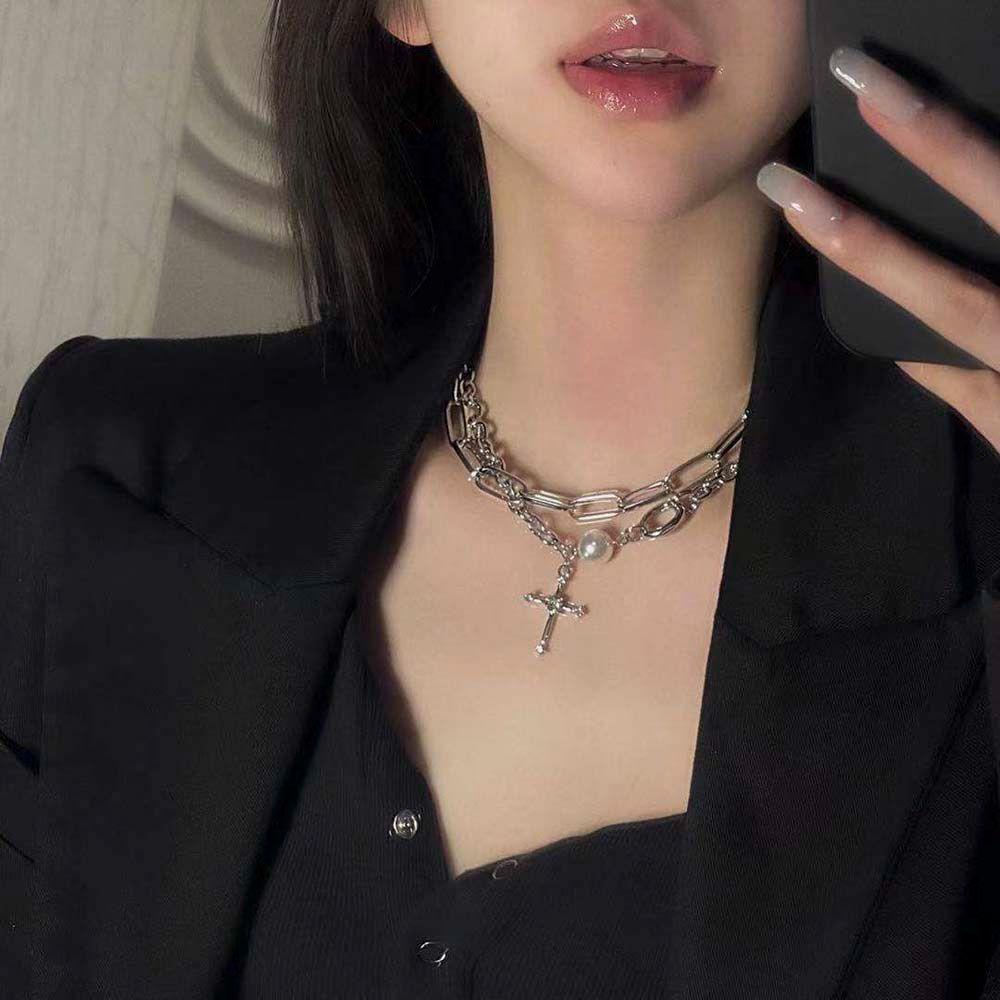 Kalung Choker Rantai Klavikula Liontin Salib Kilau Mutiara Banyak Warna Gaya Korea Untuk Perhiasan Wanita