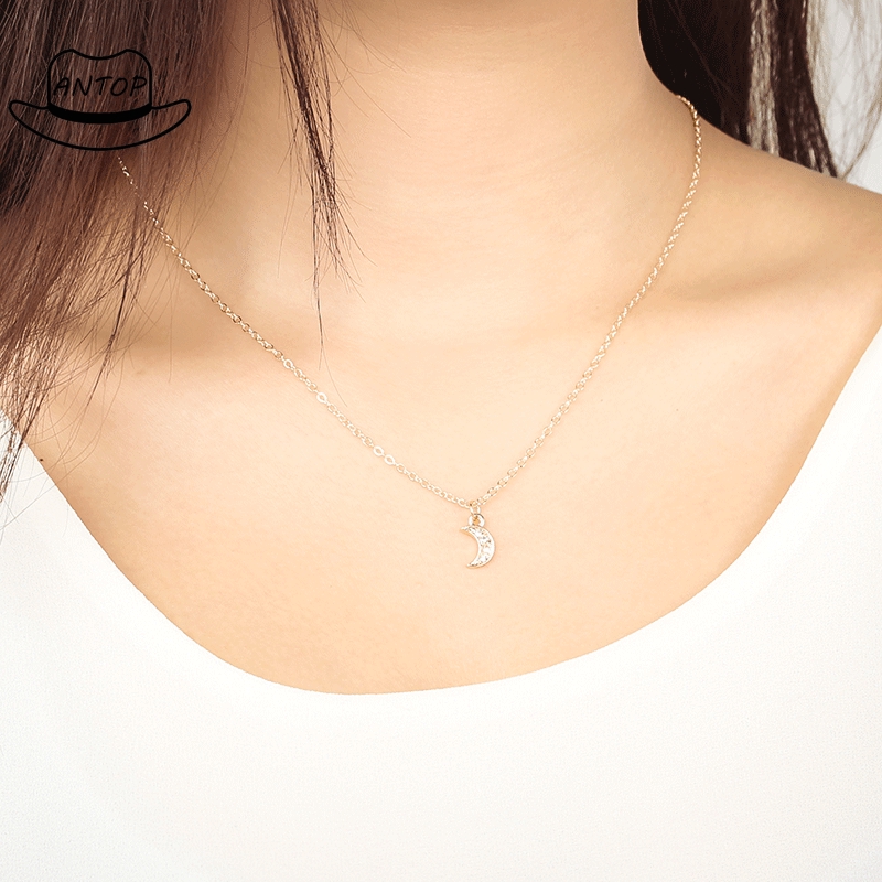 Antop！Moon Pendant Necklace Rhinestone Jewelry Dengan Rantai Pendek Klavikula Kalung Berlian Chain