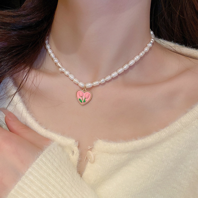 Kalung Rantai Dengan Liontin Bunga Tulip Warna Pink Untuk Wanita