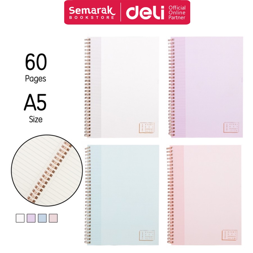 

Deli LA560 Spiral Notebook Light Tone Buku Catatan Polos Ukuran A5 - Pink / White / Turqouise / Purple [1 Buku @60 Lembar]