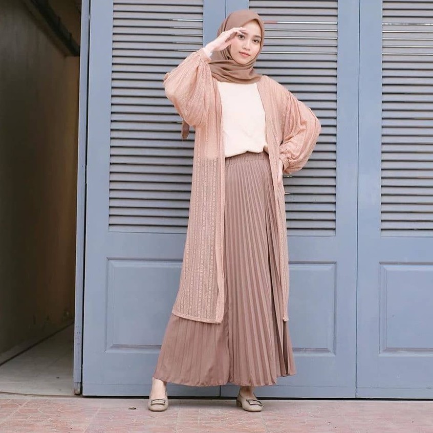 ROK PLISKET MURAH PRISKET PLEATED SALE POLOS REMPEL MUSLIMAH SKIRT ABG FLARE SKIRT MAYUNG FLOWY-BEIGE