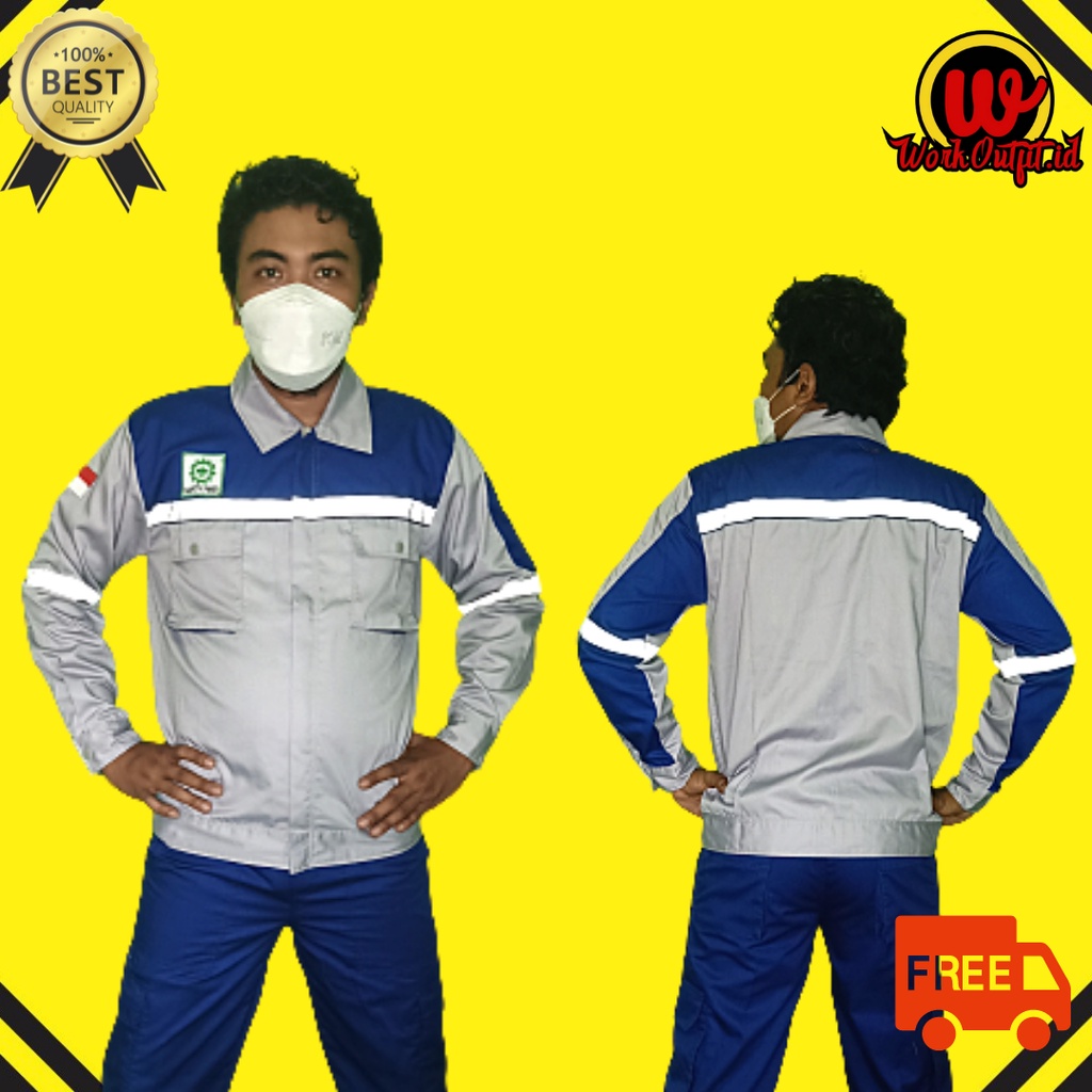 Baju Atasan Wearpack | Kemeja Safety Proyek Lengan Panjang Abu - Biru Benhur