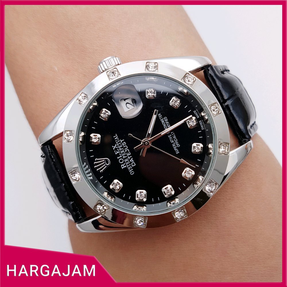 Jam Tangan Wanita Automatic Rolex Oyster Perpetual Kulit Hitam Plat Hitam