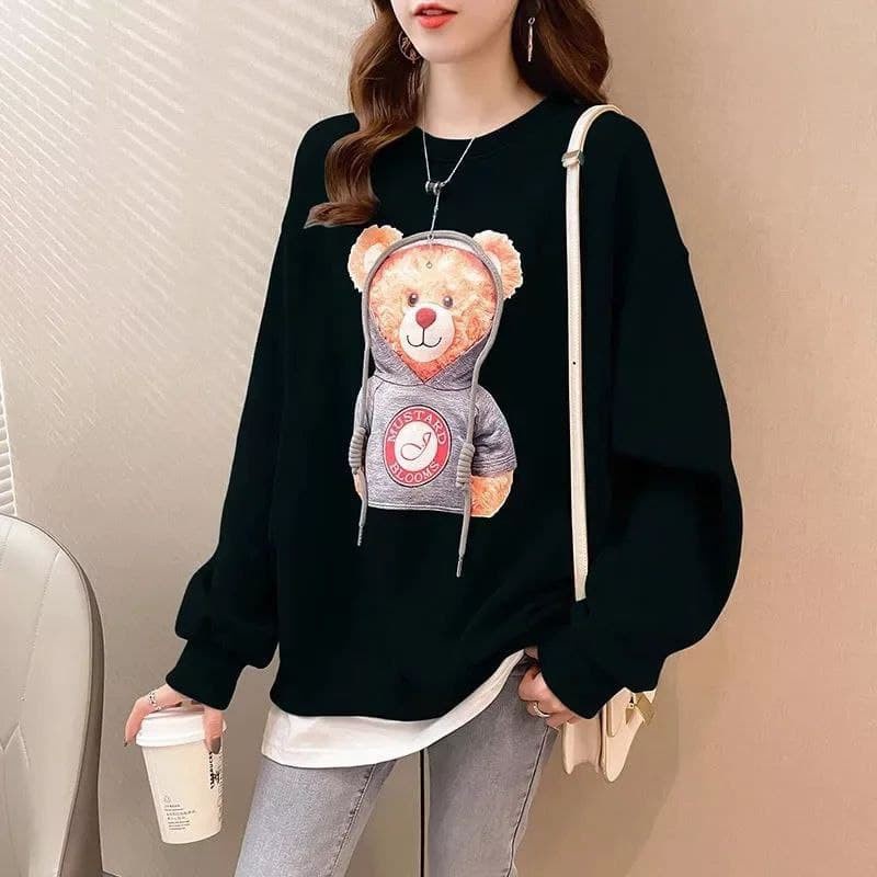 BEAR ALABAMA Oversize Sweater Crewneck Oblong Wanita Atasan Blouse Motif Cute Korean Jacket Kasual Fashion