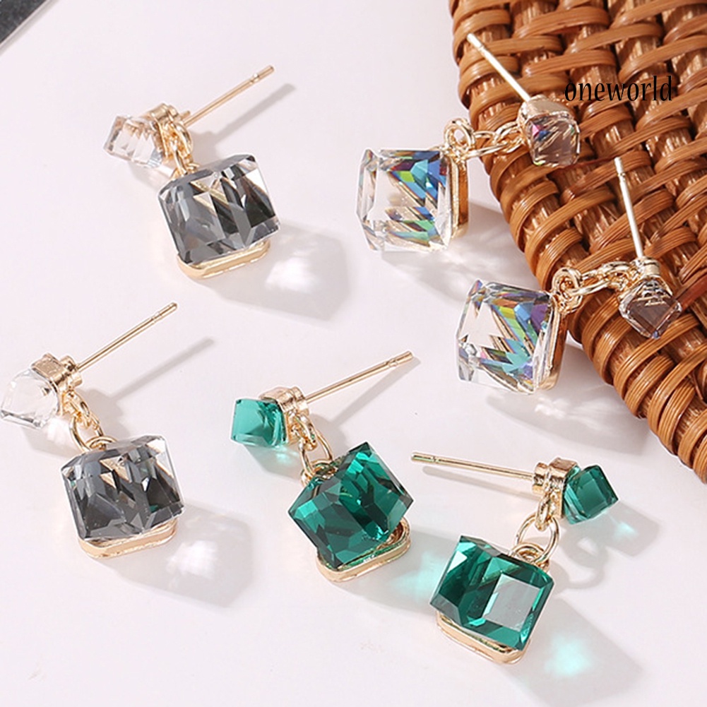 OW@ Women Fashion Geometric Cube Rhinestone Pendant Stud Earrings Party Jewelry