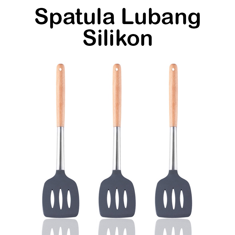 Spatula Silikon Tahan Panas Gagang Kayu Sutil Lubang Silicon Silicone Masak Sodet Susuk Pengaduk Masak