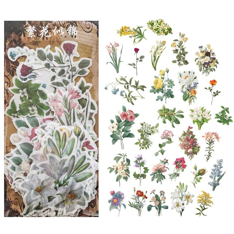 Journamm 60pcs Vintage Plant Stickers Deco Journaling Stationery Washi Paper Retro Material Flowers Leaves Plants Deco Stickers-A
