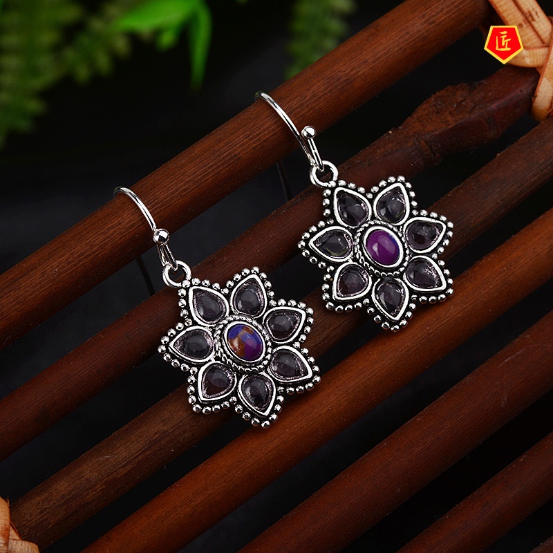 [Ready Stock]Retro Peach Blossom Purple Turquoise Earrings Women